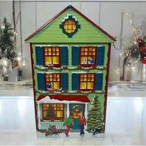 Harry London Christmas Village Green House Collectible Tin Empty Holiday EUC